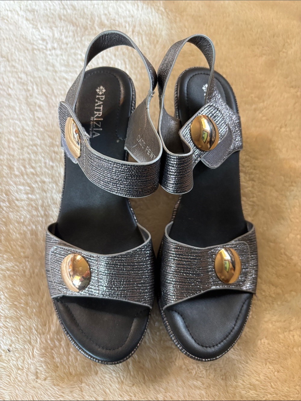 Patrizia Metallic Gray Slingback Sandals with Gold Accents
